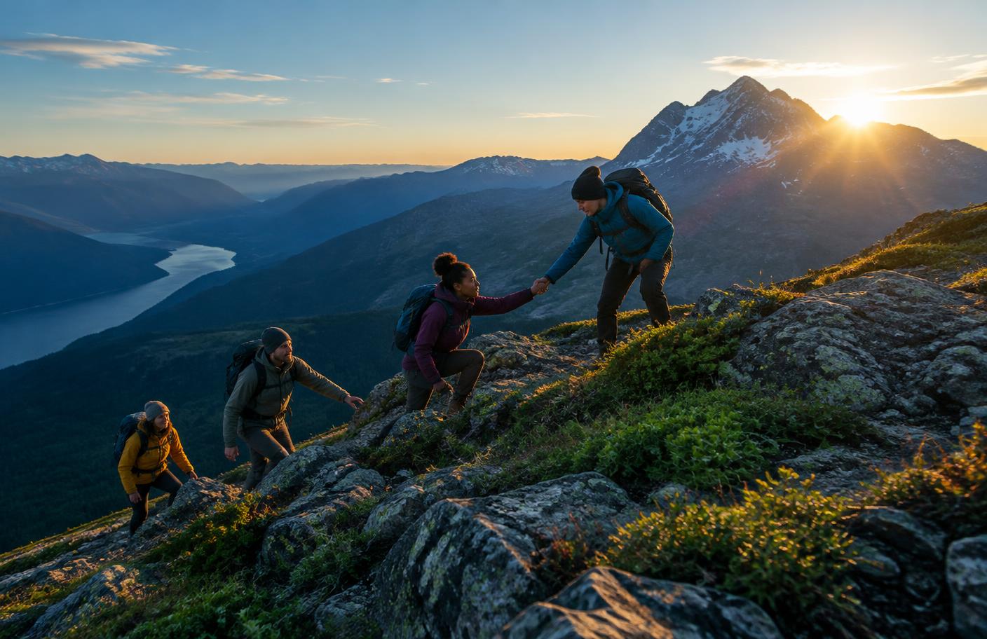 Climbers supporting one another on a mountain ascent, symbolizing shared partnership and teamwork